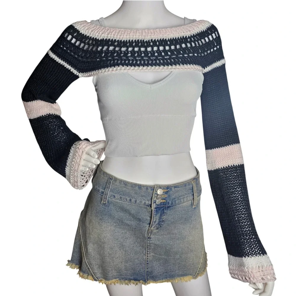 Handmade Crochet Bolero Shrug Women, Black Pink Knit Flared Sleeve, Festival Top